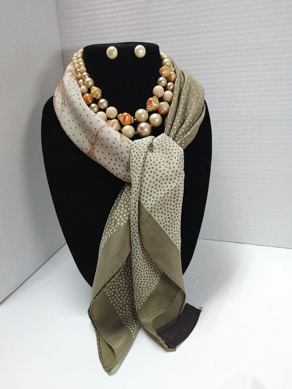 Silk Floral Scarf & Faux Pearl Earrings & Doble Strand Necklace Ladies Gift set