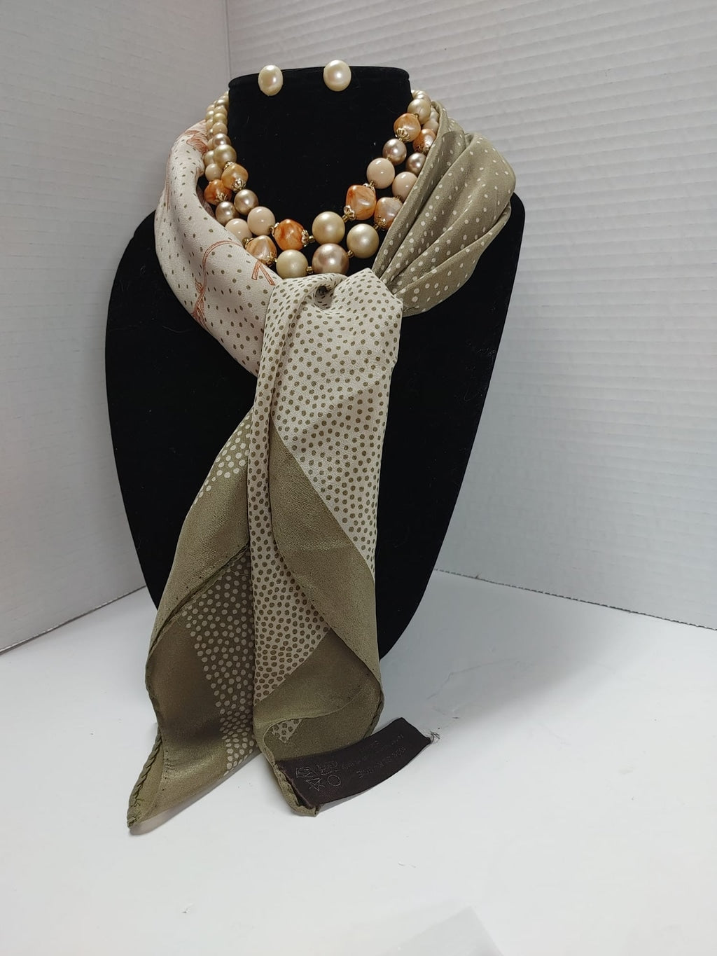 Silk Floral Scarf & Faux Pearl Earrings & Doble Strand Necklace Ladies Gift set