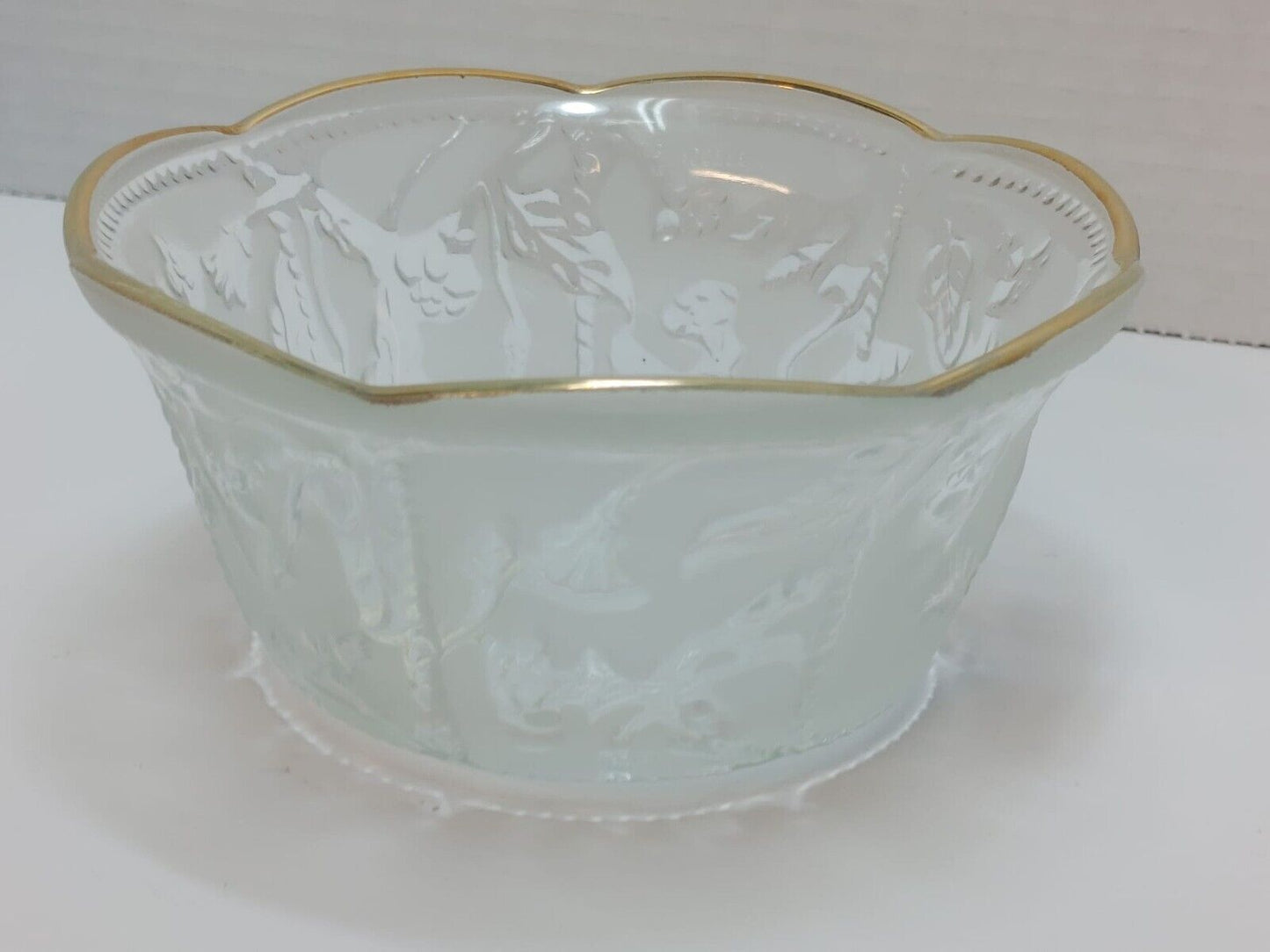 Vintage BOWL Crystal Clear Gold Trim Frosted Floral Bowl Made in Indonesia