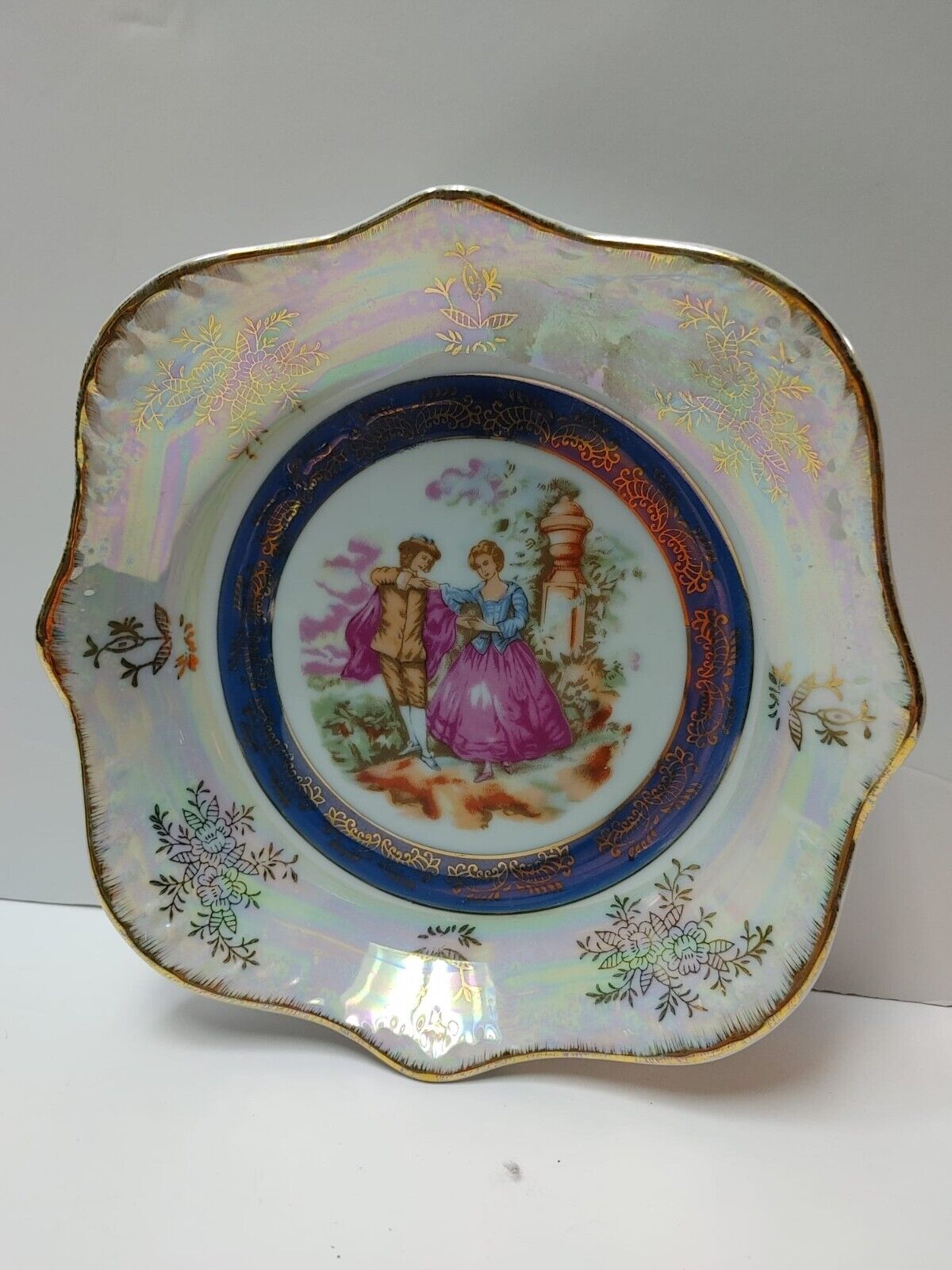 Pearlescent Square Bowl with Dancing Couple Iridescent Lustreware Dish Japan