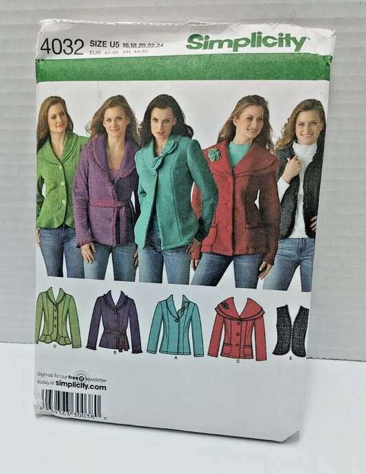 Misses Jackets and Vest Sewing Pattern 16-24 Simplicity 4032