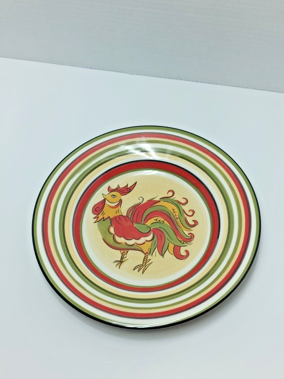 Salad Plates Red Green Yellow Trim Tabletops Gallery Rafael Rooster 8.5" FARM