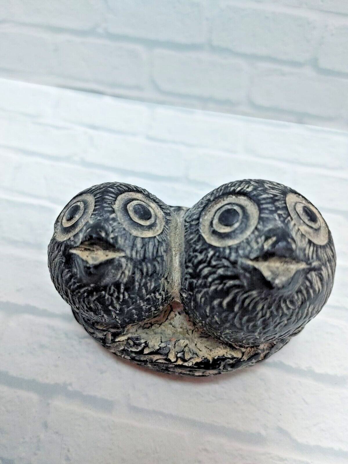 Wolf Original Black Soapstone Carved 2 Owls Made in Canada Figurine