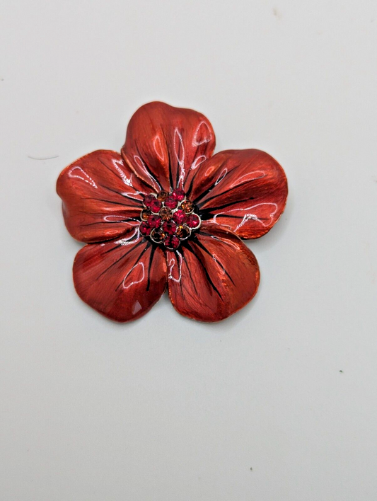 Vintage Flower Brooch Pin Dogwood Red Enamel & Rhinestones Silvertone 2.25"