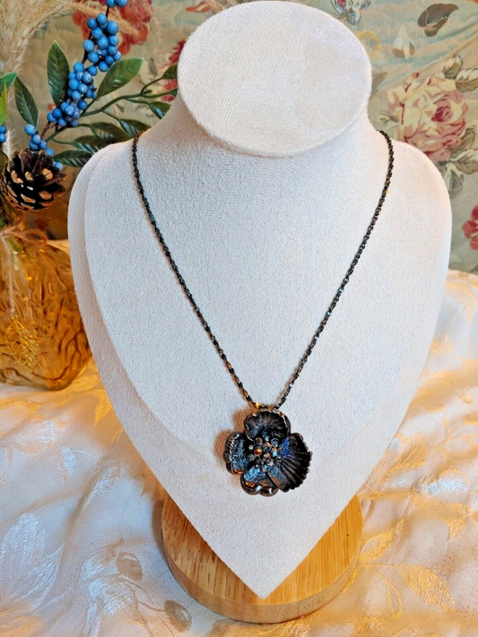 Vintage Black Poppy Flower Pendant Necklace with Rhinestone Black Chain