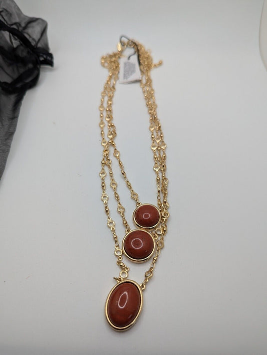 WHBM Gemstone Beaded Necklace Designer Gold Tone Carnelian Beads 3-Strand 22"