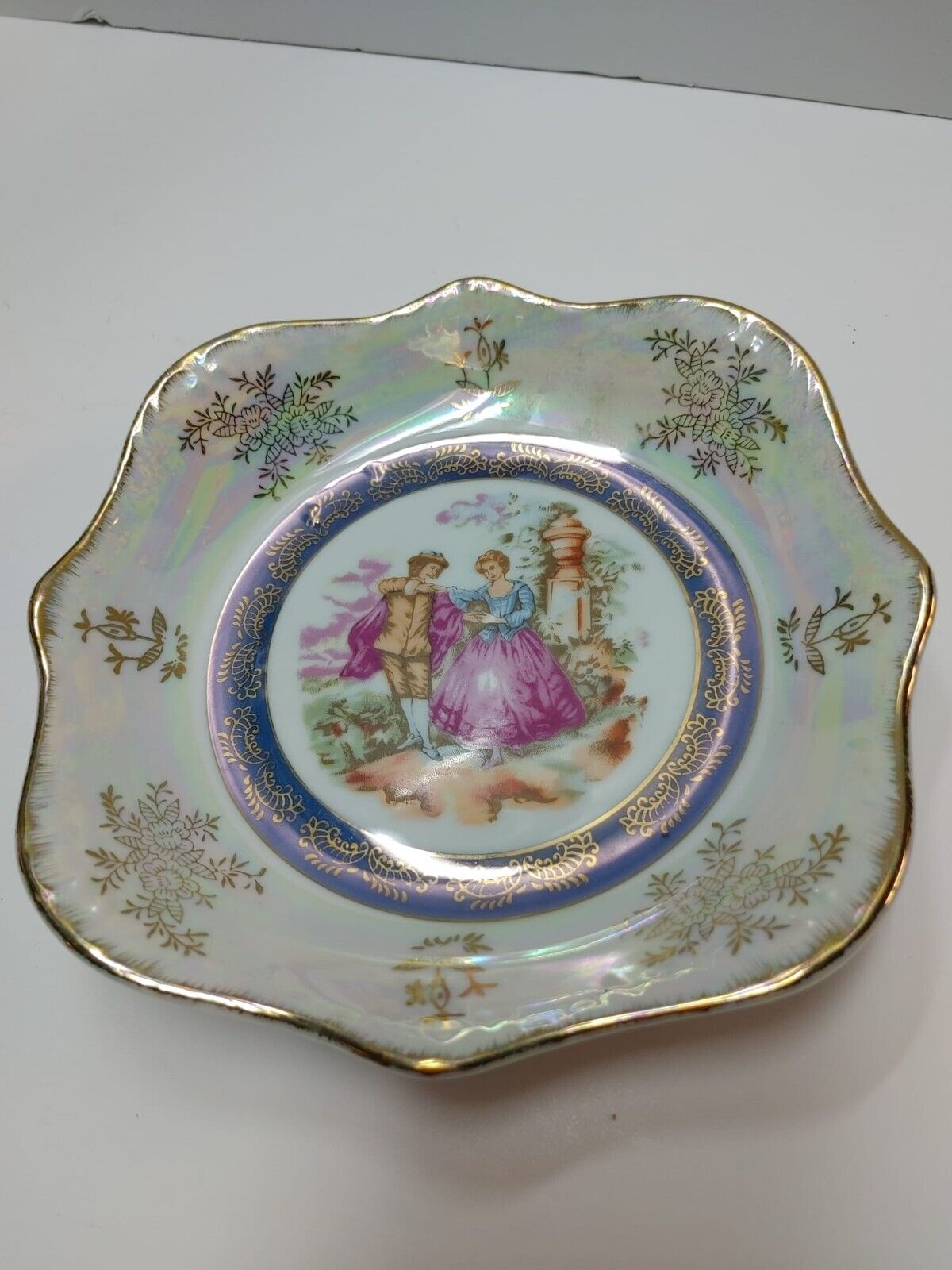 Pearlescent Square Bowl with Dancing Couple Iridescent Lustreware Dish Japan