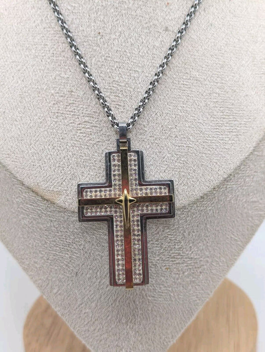 RL Men's Stainless Steel Crystals Cross Necklace PENDANT Signed