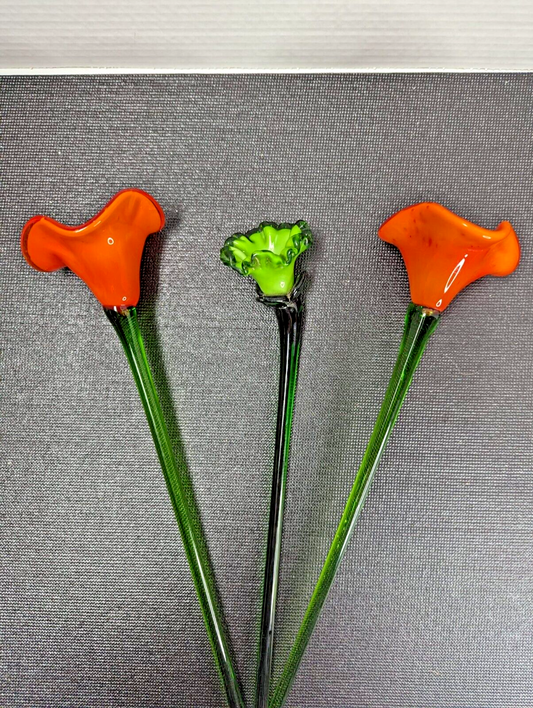 SET OF 3 ART GLASS ASSORTED LONG STEM FLOWERS BOUQUET RED GREEN