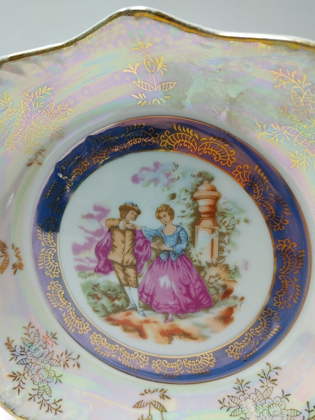 Pearlescent Square Bowl with Dancing Couple Iridescent Lustreware Dish Japan