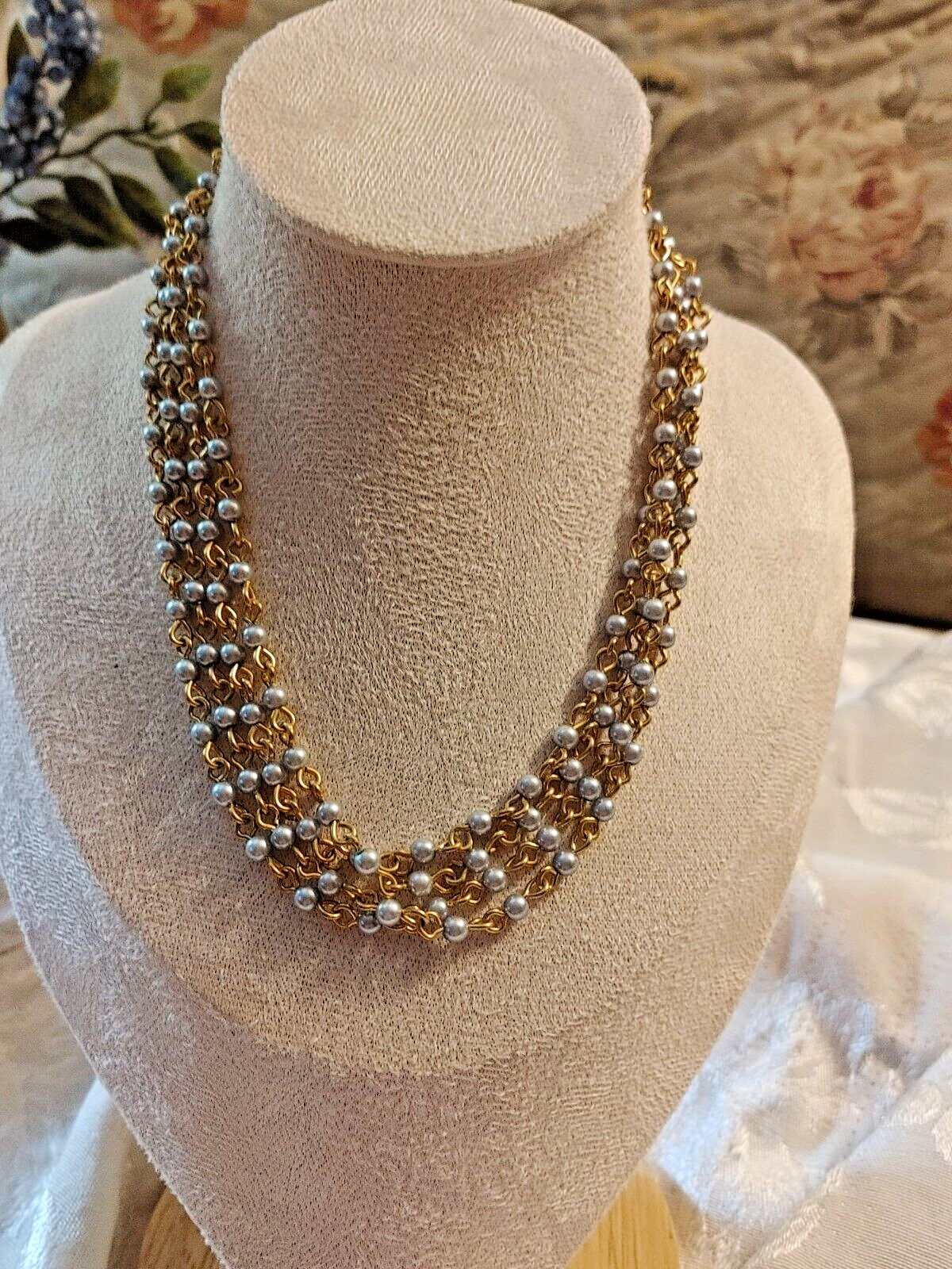 Vintage Grey Beaded Rosary Style Multi Strand Necklace Gold Tone 60"L Bohemian