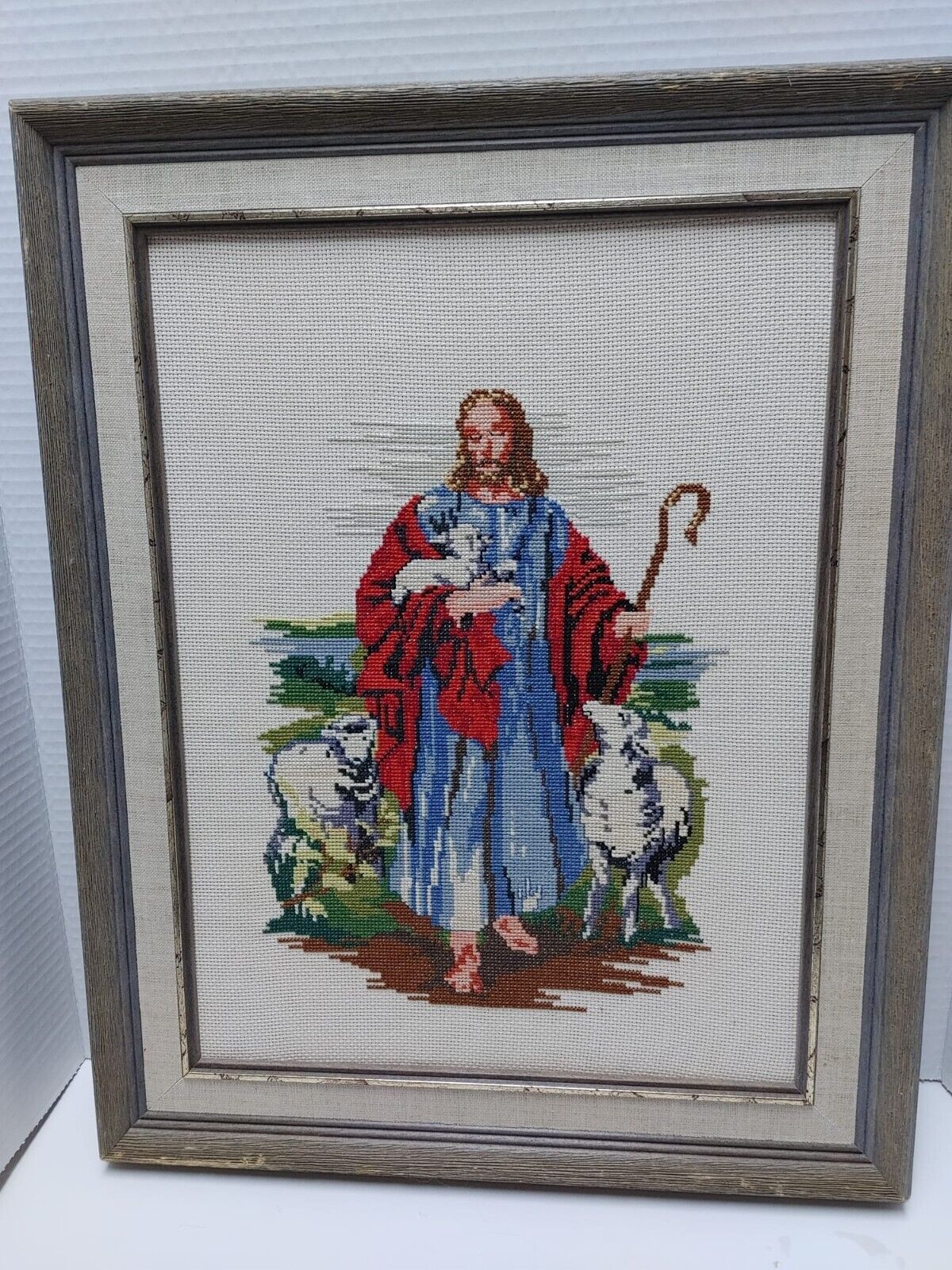 Vintage Complete Finished Counted Cross Stitch Good Shepherd Religion God Pray