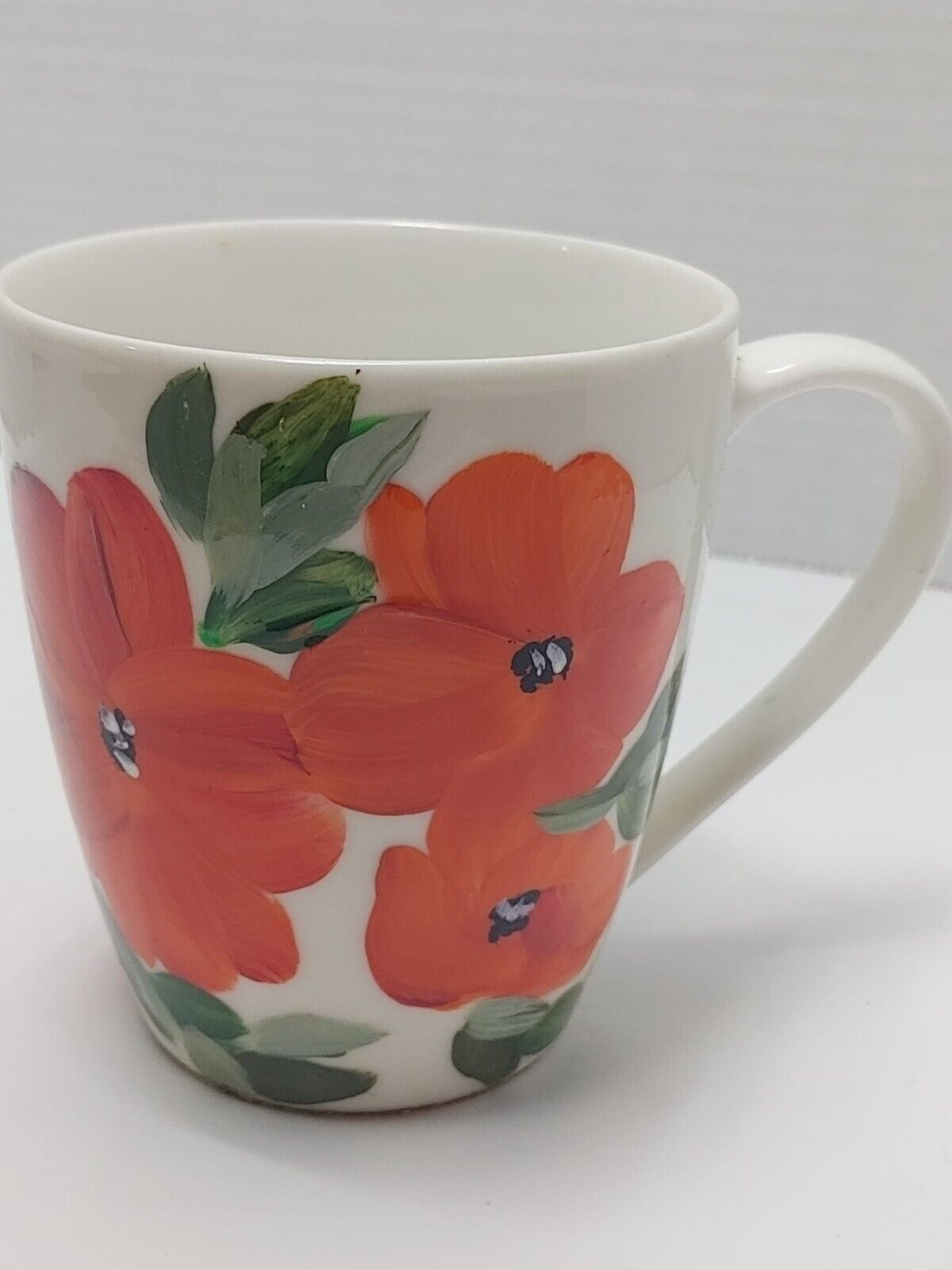 Hand Painted RED Floral Mug, Coffee Tea lovers mug, Pretty White Mug, Gift