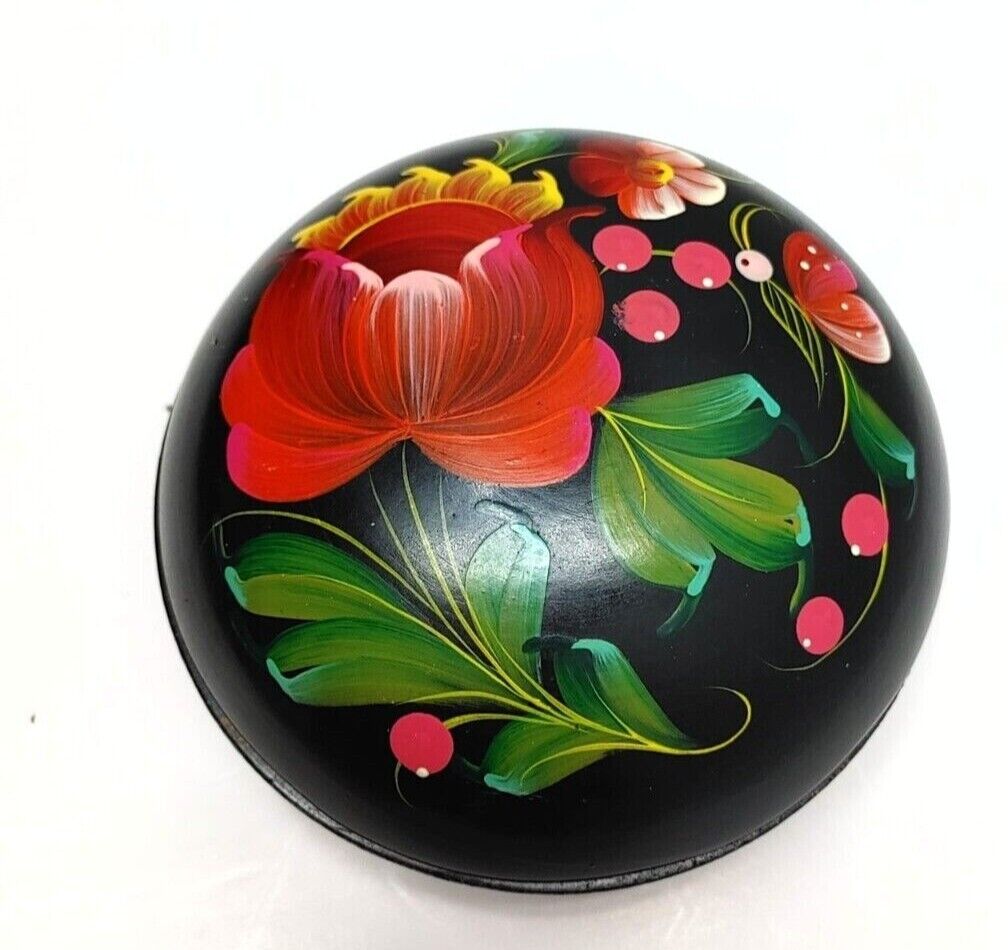 Vintage Floral Jewelry BOX Black Wooden Petrykivka Folk 80s Trinket Lidded Bowl