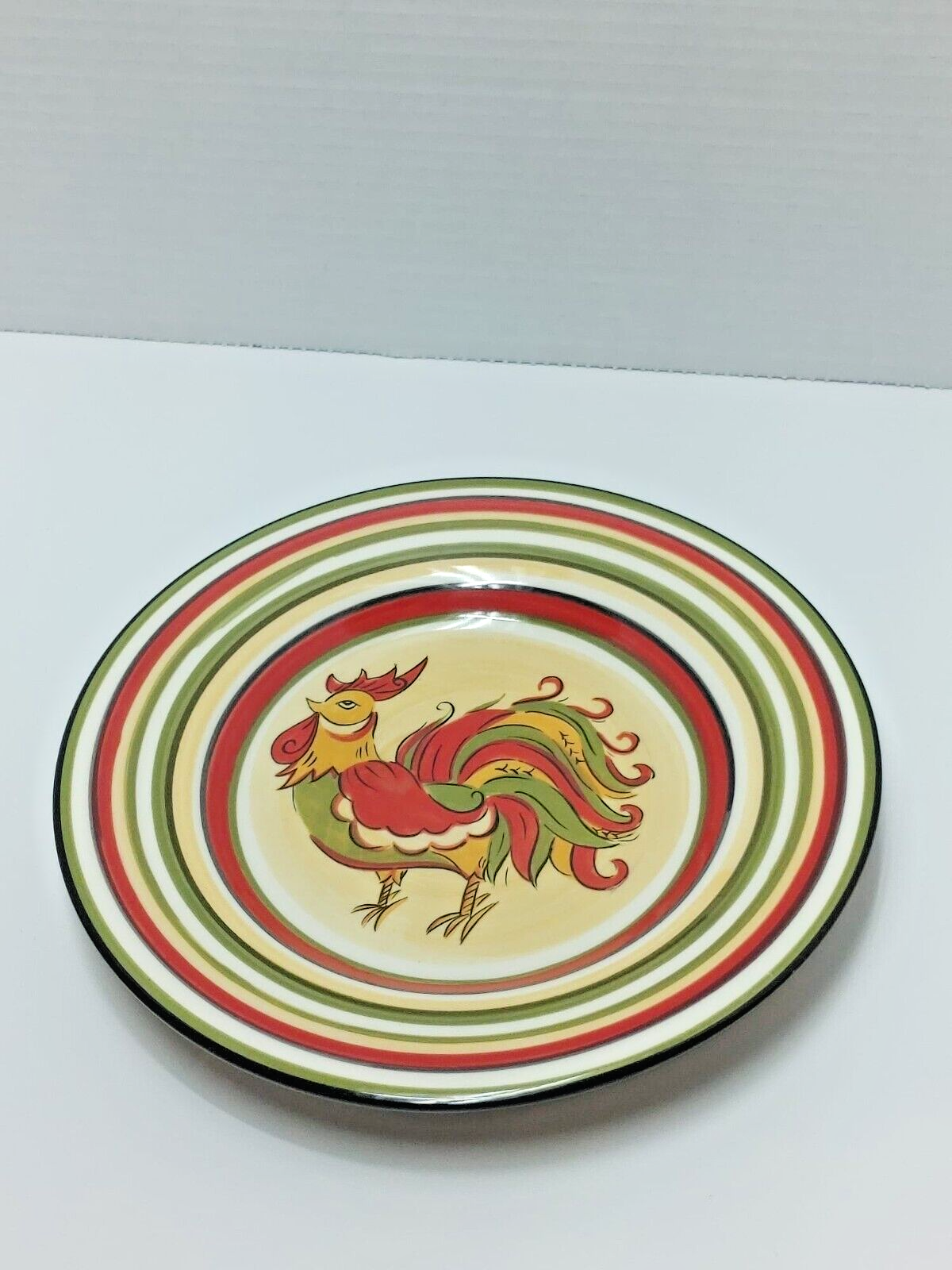 Salad Plates Red Green Yellow Trim Tabletops Gallery Rafael Rooster 8.5" FARM