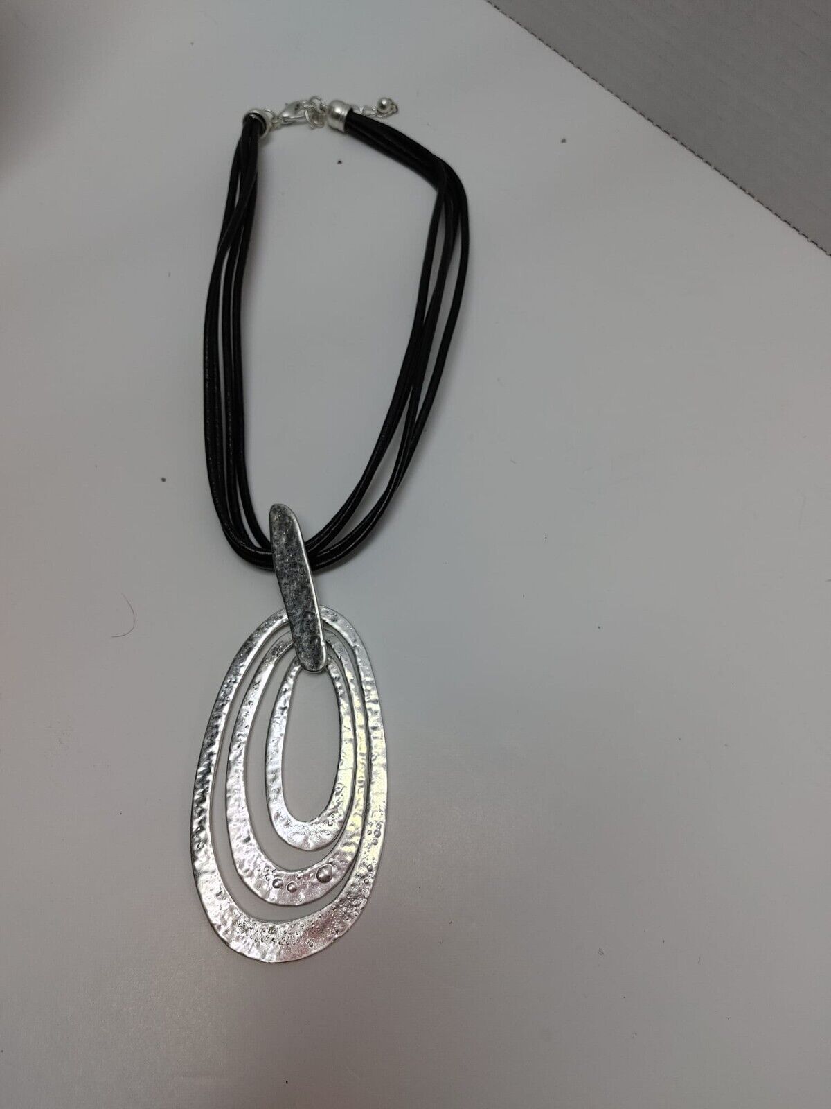 Retro Triple Oval Pendant Silvertone with Brown Leather Cords Boho Women Jewelry