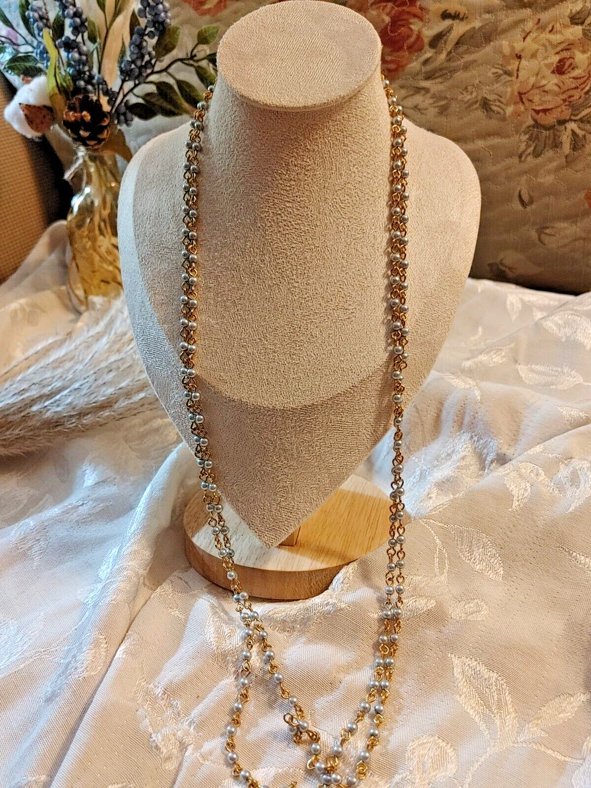 Vintage Grey Beaded Rosary Style Multi Strand Necklace Gold Tone 60"L Bohemian