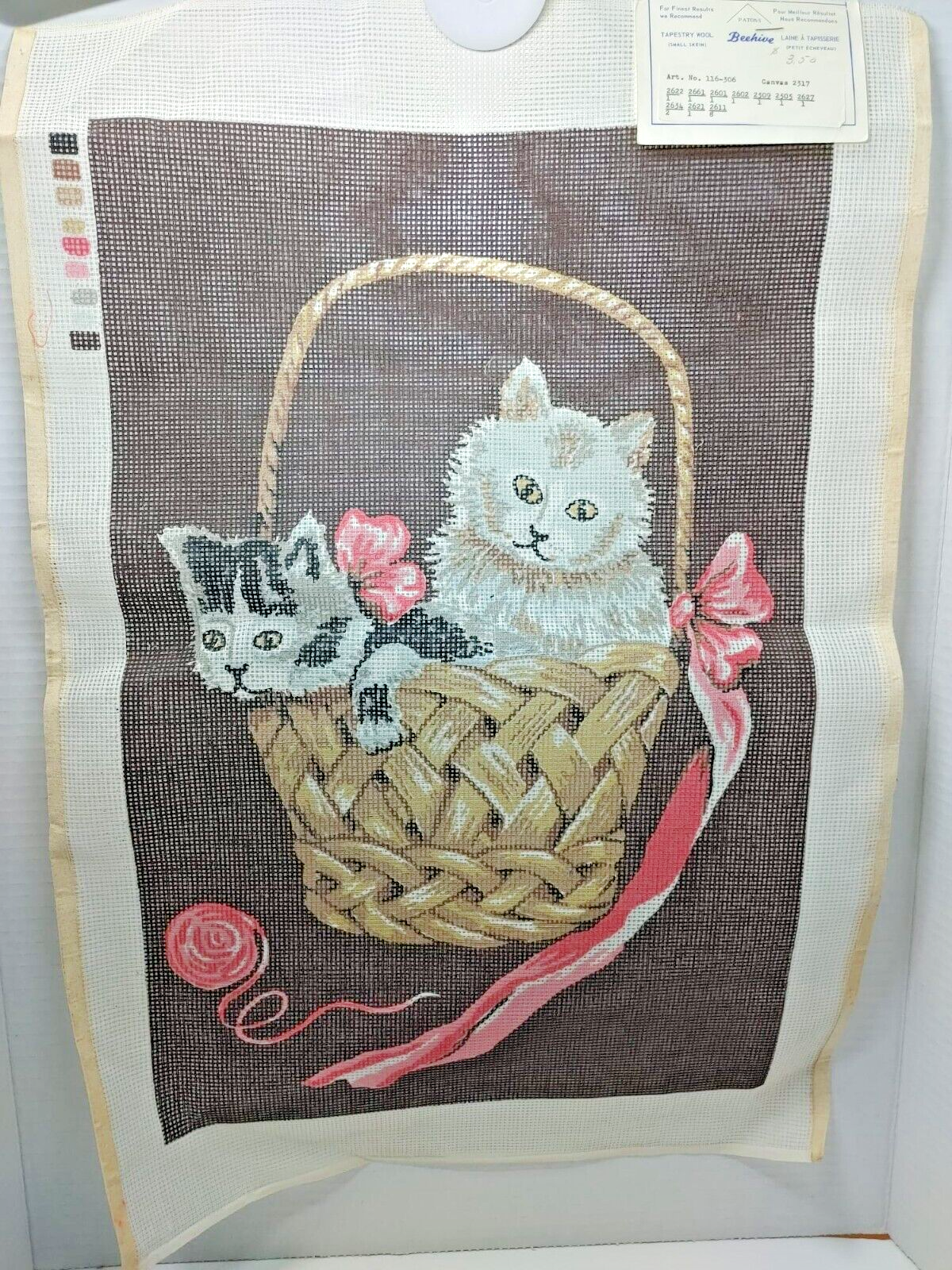 VTG Beehive Needlepoint Canvas Barr & Mackey Ltd. Kittens & Basket