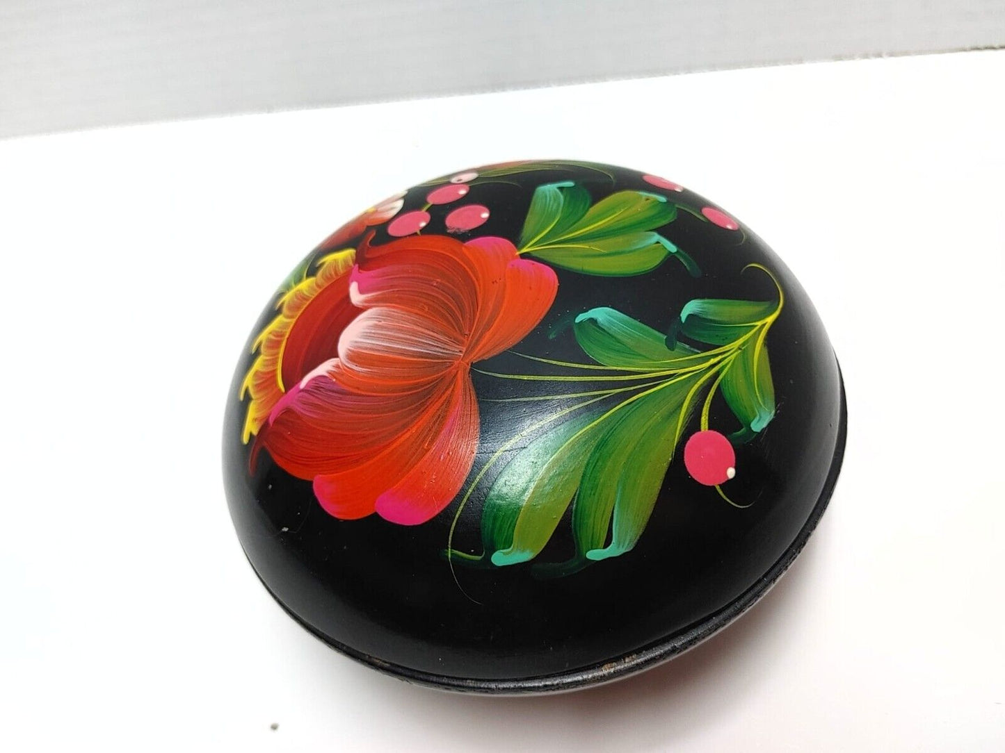 Vintage Floral Jewelry BOX Black Wooden Petrykivka Folk 80s Trinket Lidded Bowl