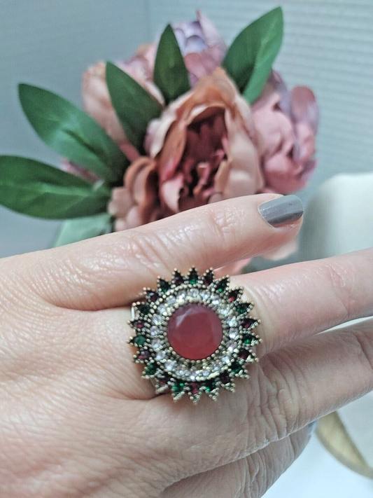 Red Stone With multicolor Crystal Beats Ring Antique Gold Color Accent Bohemian