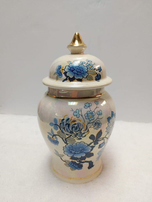 Sadler England Ginger Jar Luster Ware Urn Blue Floral Design Gold Trim Vintage