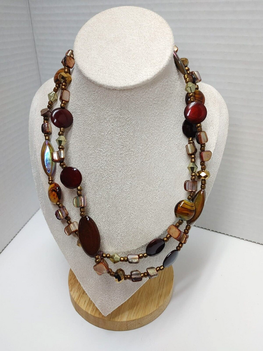 Doble 20" Long Necklace Brown GLASS BEADS Bronze Tone PEARLS Boho Retro