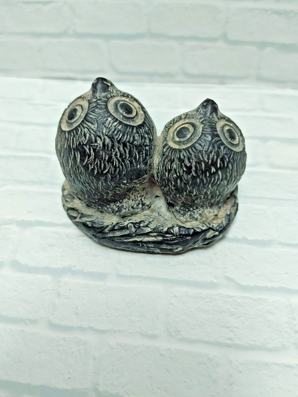 Wolf Original Black Soapstone Carved 2 Owls Made in Canada Figurine