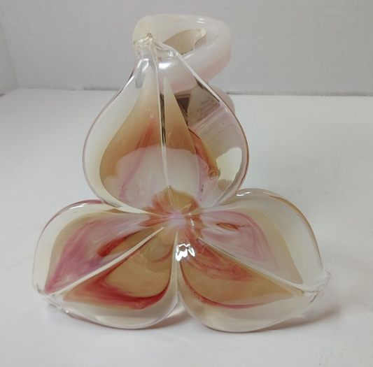 Murano Art Glass Flower 3 Petals with Pink Colored Accents And Spiral Stem