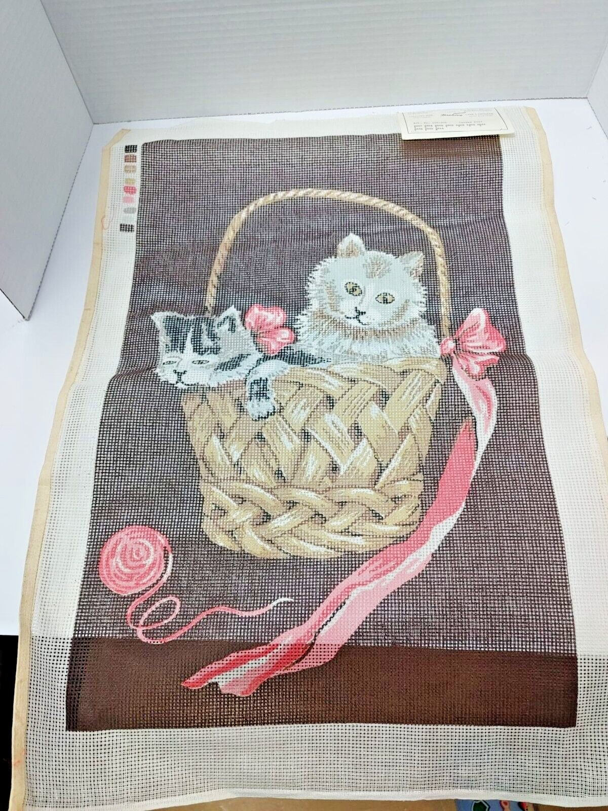 VTG Beehive Needlepoint Canvas Barr & Mackey Ltd. Kittens & Basket