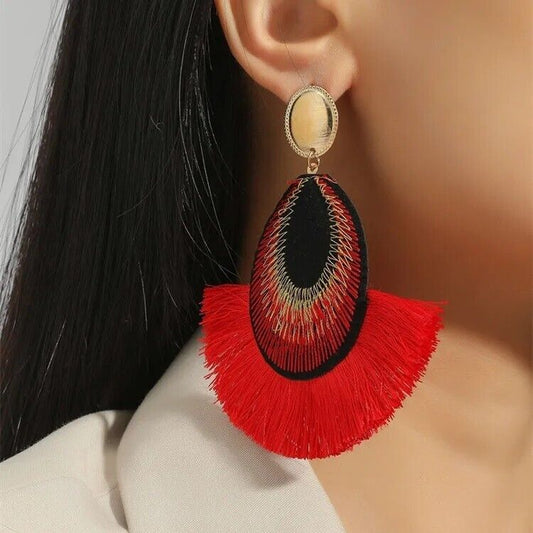 Oval and Fan Shaped Red Black Post Earrings Handmade Bohemian Women Earrings