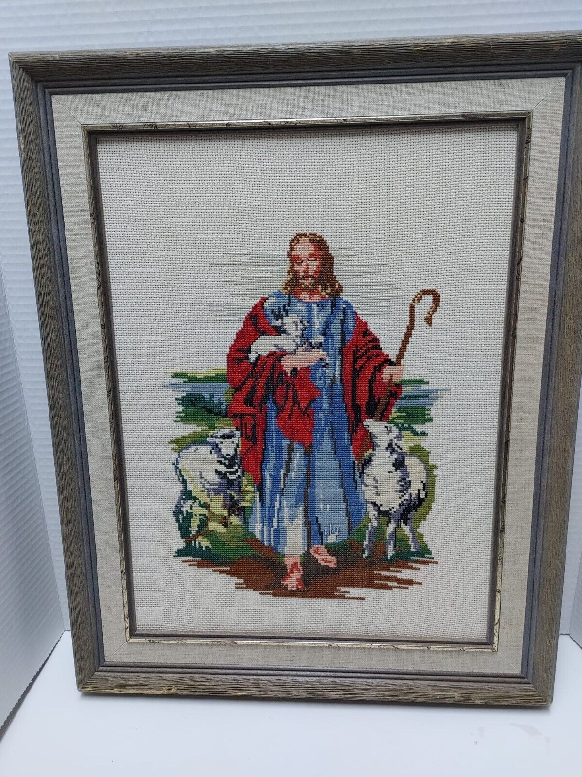 Vintage Complete Finished Counted Cross Stitch Good Shepherd Religion God Pray