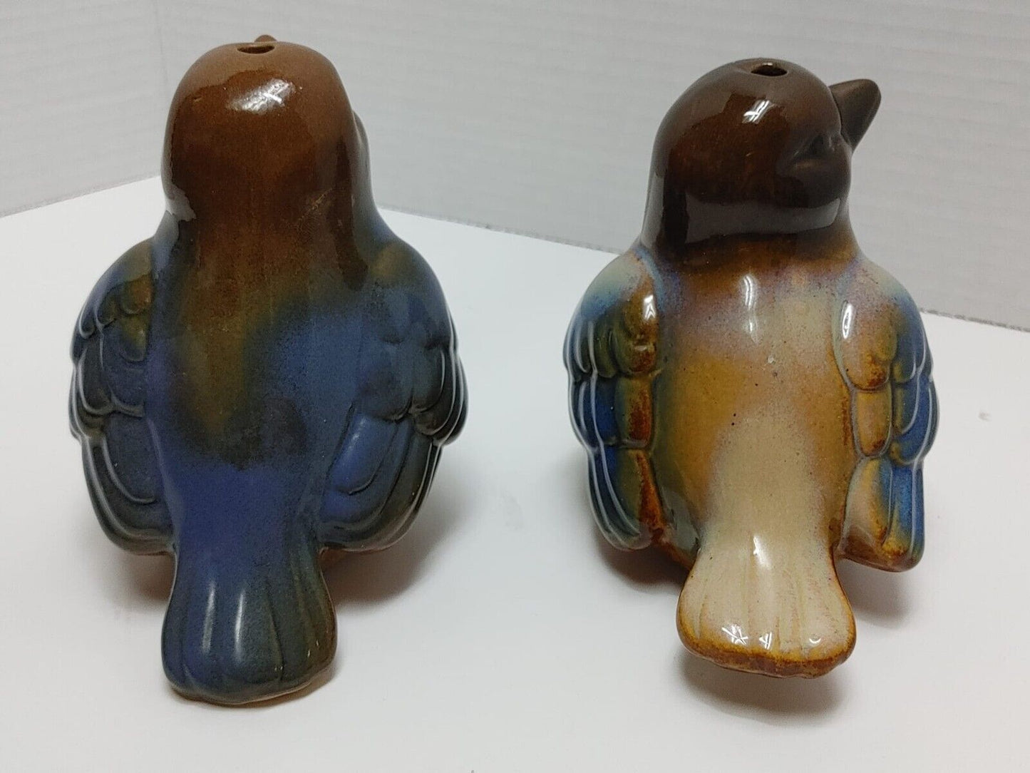 2Pcs Ceramic feeder Bird Figurine Garden Decor Robin Brown Blue Glazed