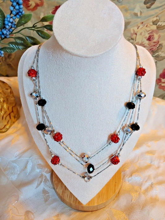 Layered Red Black grey Beaded Necklace silver tone chain 22" Women Boho Retro