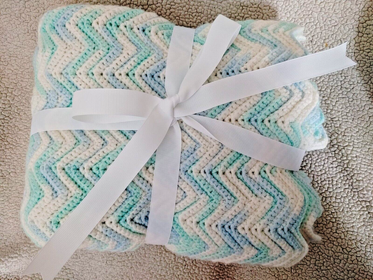 Handmade Crochet Baby Blanket Green Blue White Chevron Afghan  55.5" x 43"