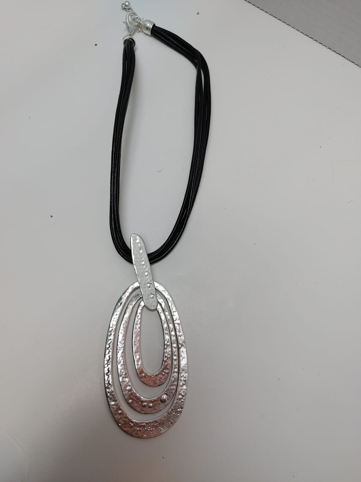 Retro Triple Oval Pendant Silvertone with Brown Leather Cords Boho Women Jewelry