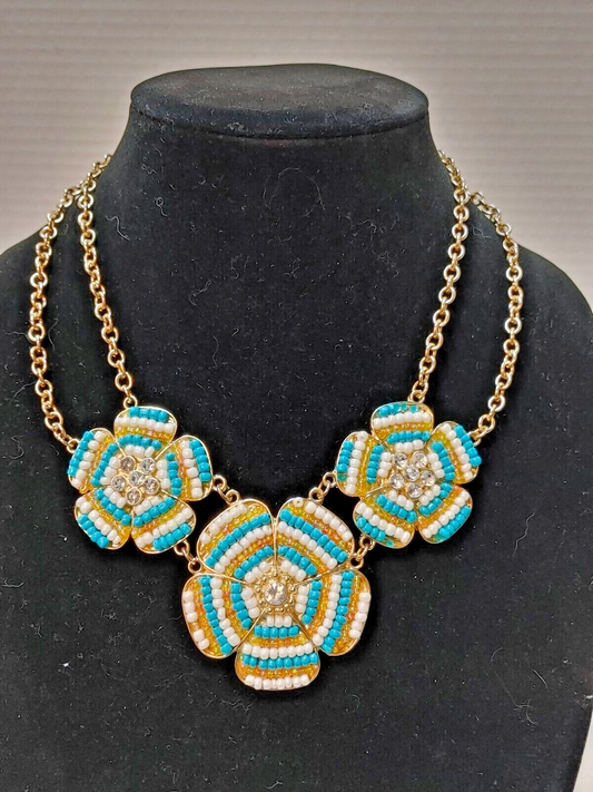 TurquoiseTone Embellished beaded Flower Necklace multipendant goldtone Chain