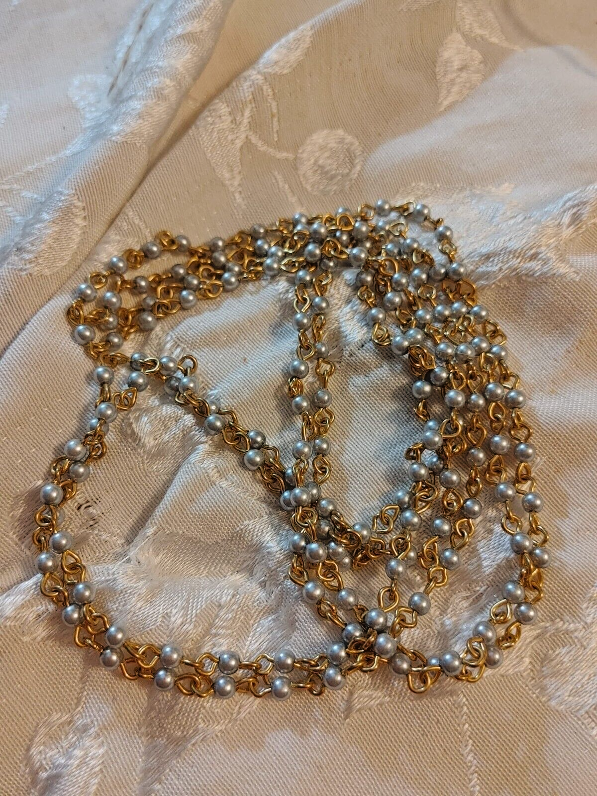 Vintage Grey Beaded Rosary Style Multi Strand Necklace Gold Tone 60"L Bohemian