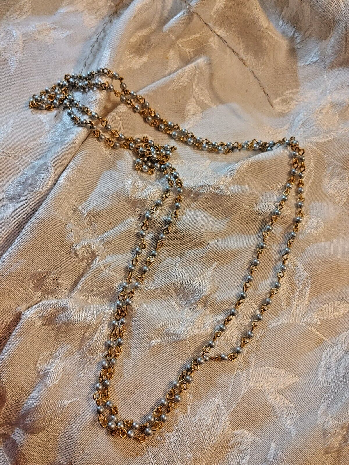 Vintage Grey Beaded Rosary Style Multi Strand Necklace Gold Tone 60"L Bohemian