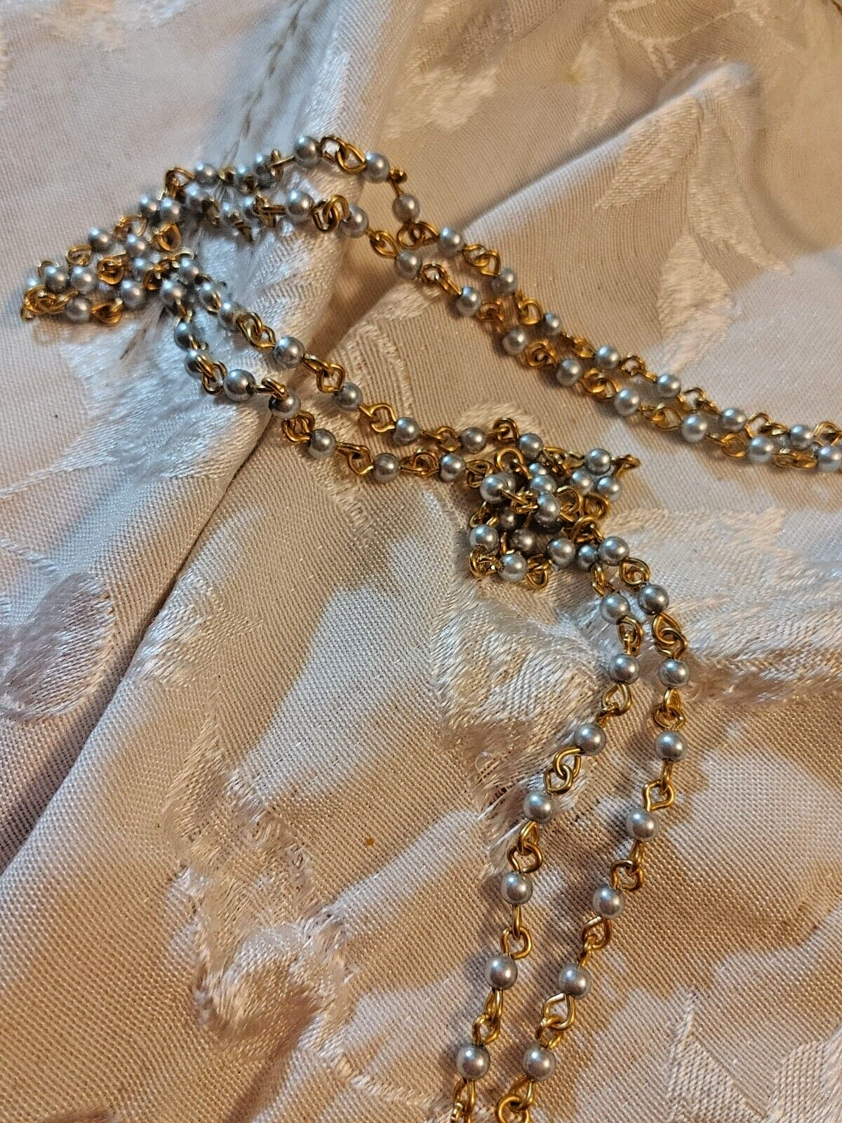 Vintage Grey Beaded Rosary Style Multi Strand Necklace Gold Tone 60"L Bohemian