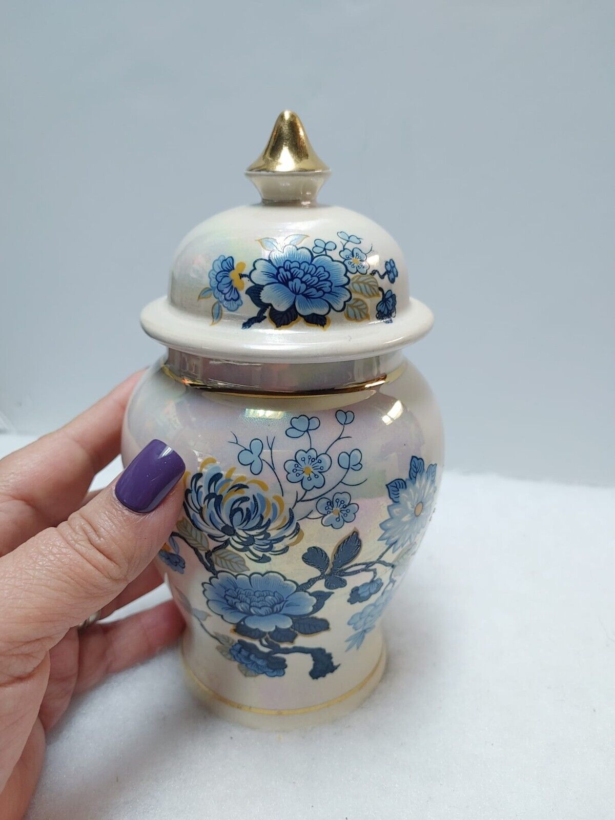 Sadler England Ginger Jar Luster Ware Urn Blue Floral Design Gold Trim Vintage