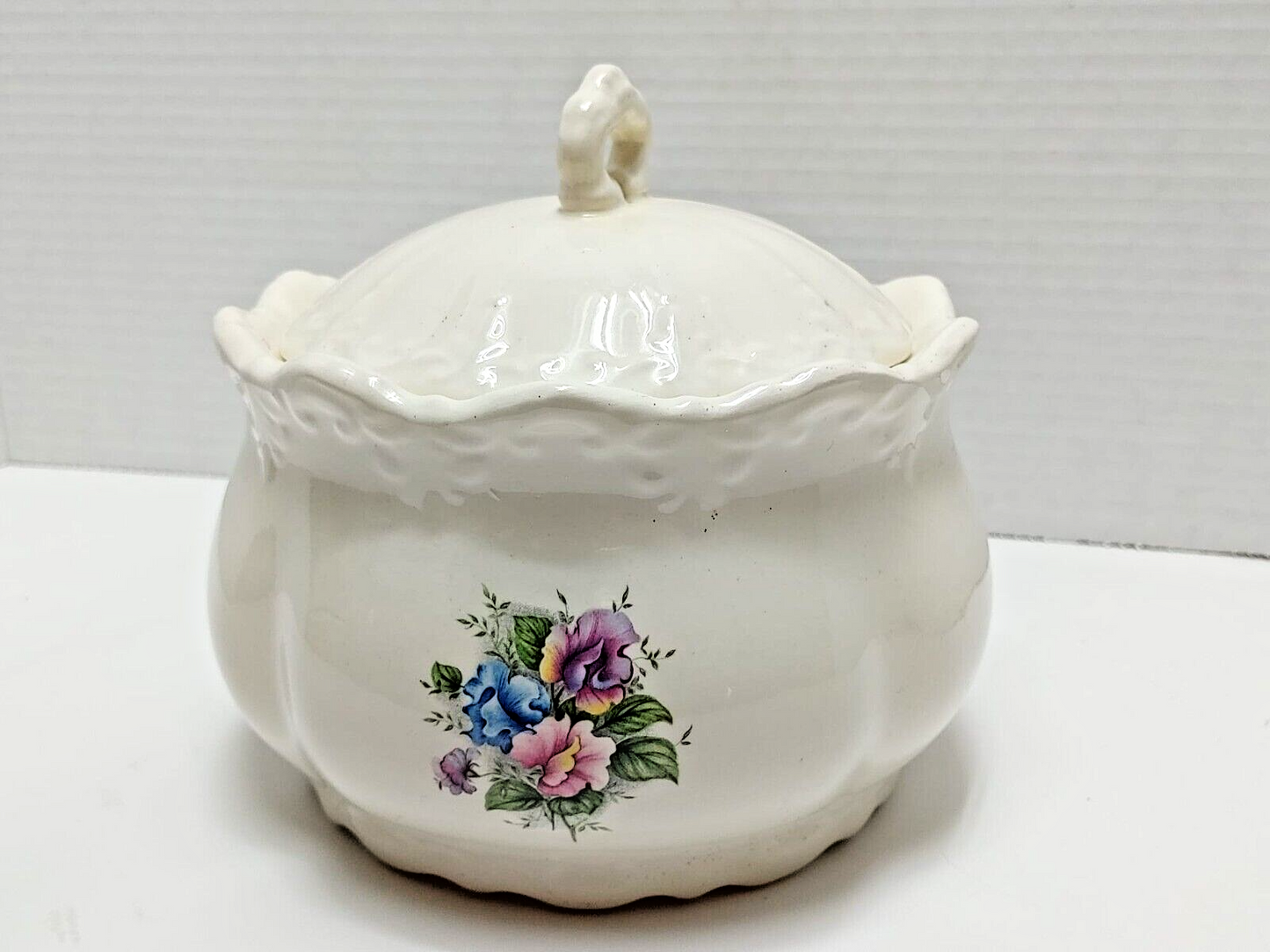 Vintage Ratauds Covered Serving Dish 1960's England Vanilla White w/ Roses