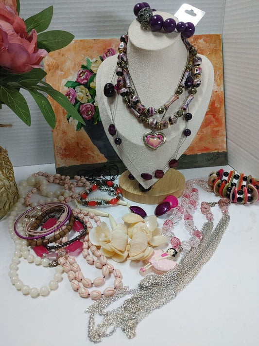 Vintage To Now Mix Jewelry Lot Necklaces Bracelet Earrings Costume Purple Pink