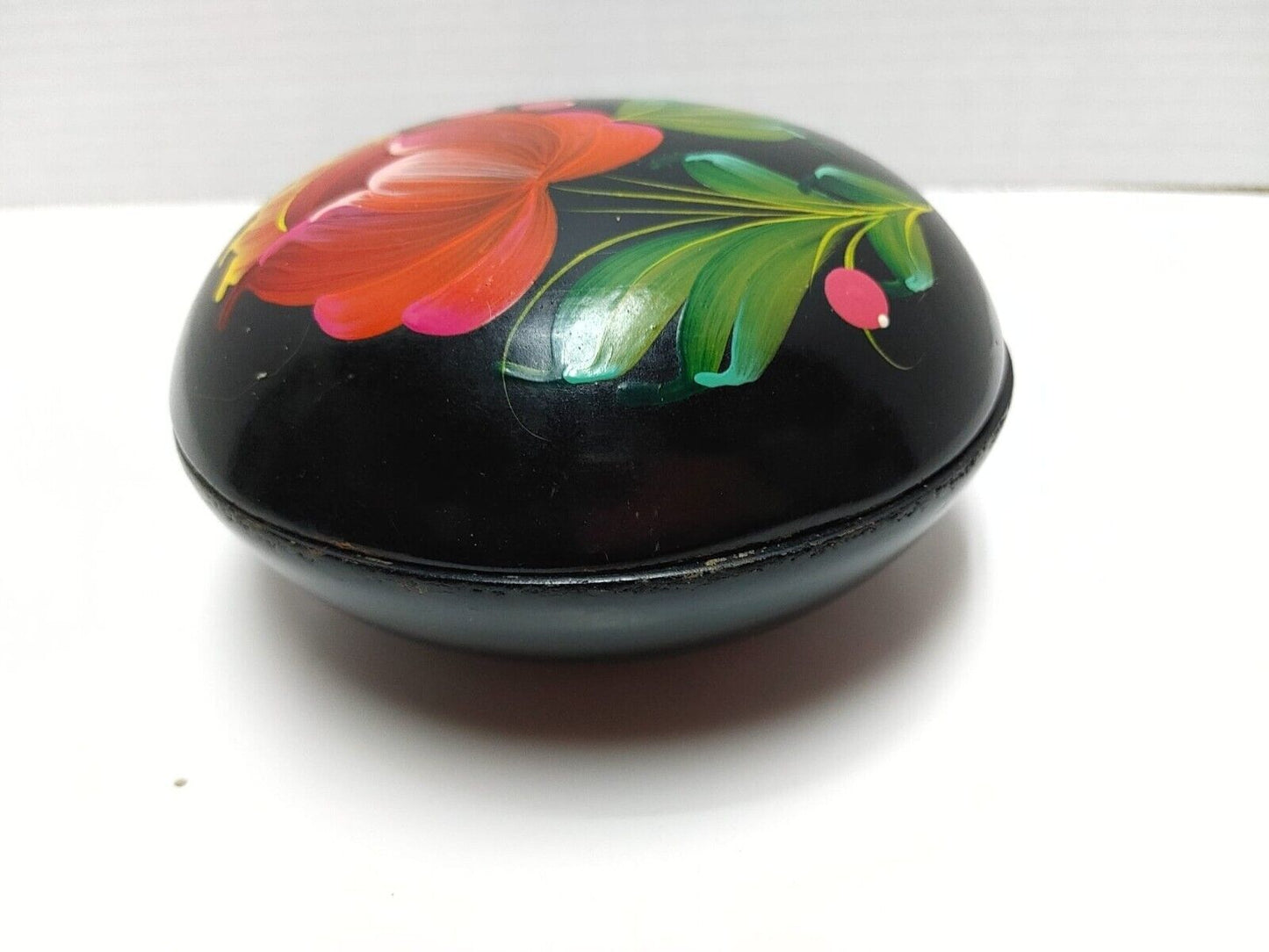 Vintage Floral Jewelry BOX Black Wooden Petrykivka Folk 80s Trinket Lidded Bowl