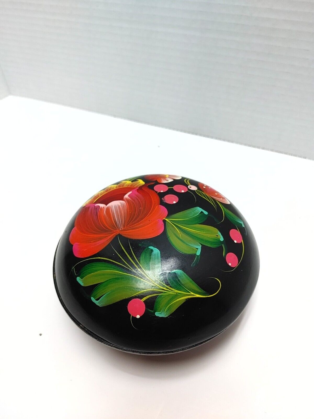 Vintage Floral Jewelry BOX Black Wooden Petrykivka Folk 80s Trinket Lidded Bowl