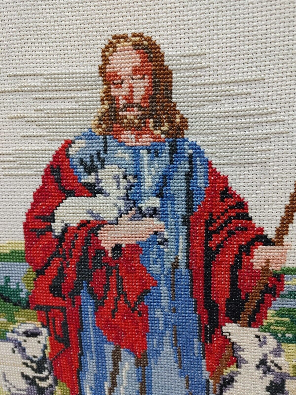 Vintage Complete Finished Counted Cross Stitch Good Shepherd Religion God Pray