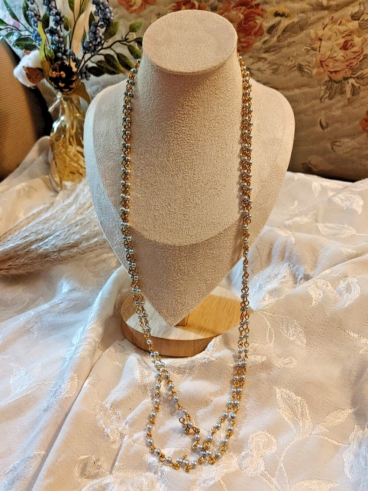 Vintage Grey Beaded Rosary Style Multi Strand Necklace Gold Tone 60"L Bohemian