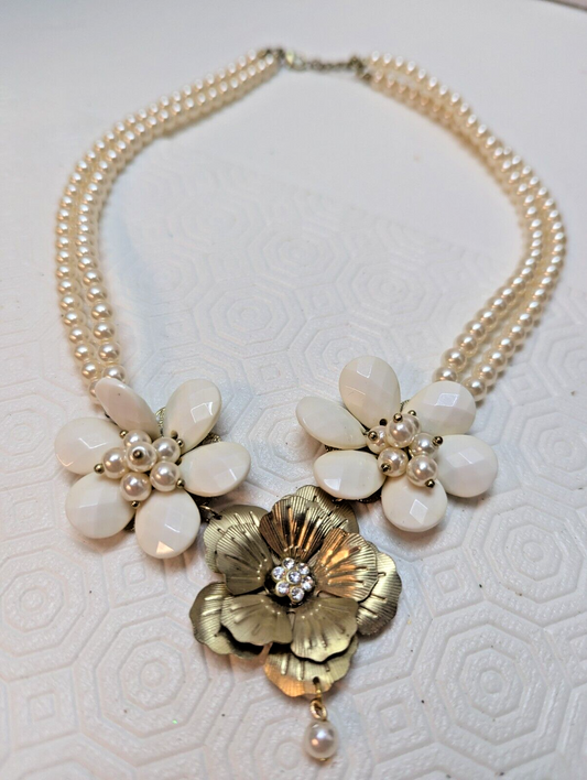 Double Strand Cream Faux Pearl Flower Bib Necklace 18" Beaded Lucite Metal