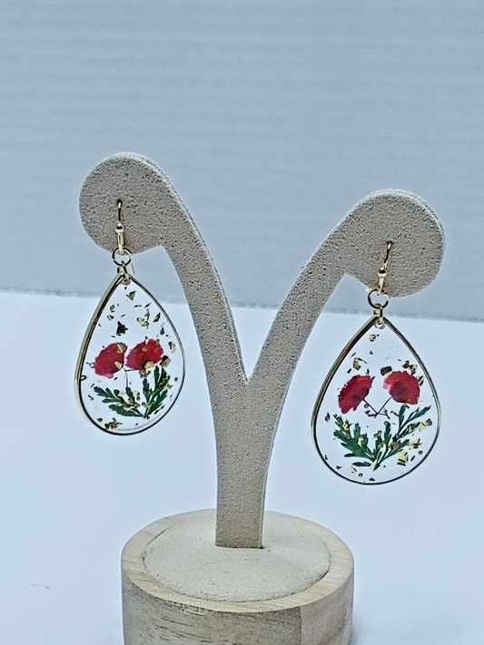 NEW Unique Dried Flower Drop Earring Handmaking Epoxy Resin Red Boho