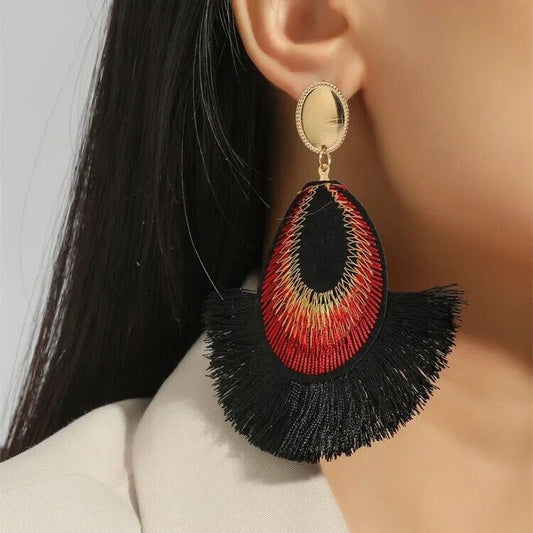 Oval and Fan Shaped Black Post Earrings Handmade Bohemian Women Jewelry Gift