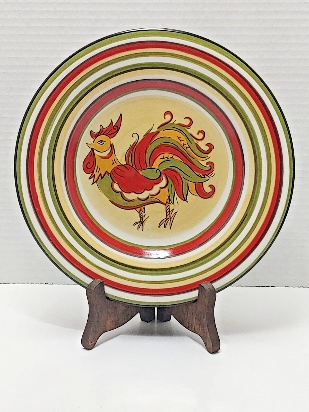 Salad Plates Red Green Yellow Trim Tabletops Gallery Rafael Rooster 8.5" FARM